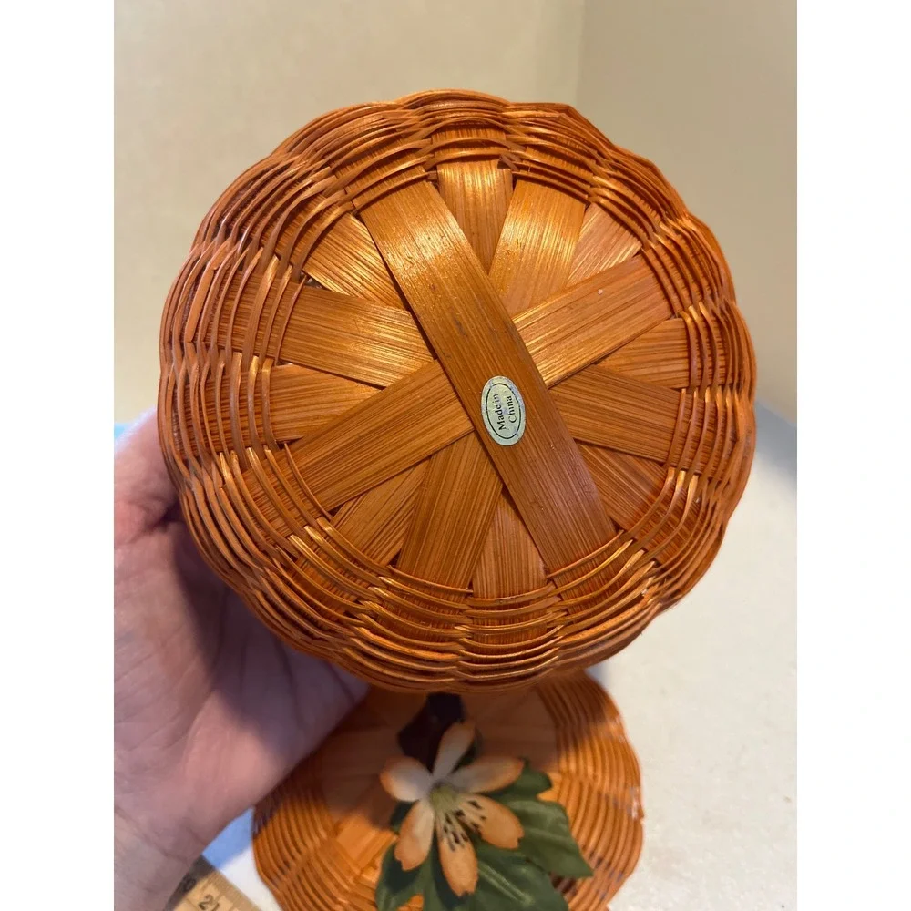 Orange Wicker Pumpkin Basket with Lid Fall Autumn Decor Floral Accent 5 Inch
